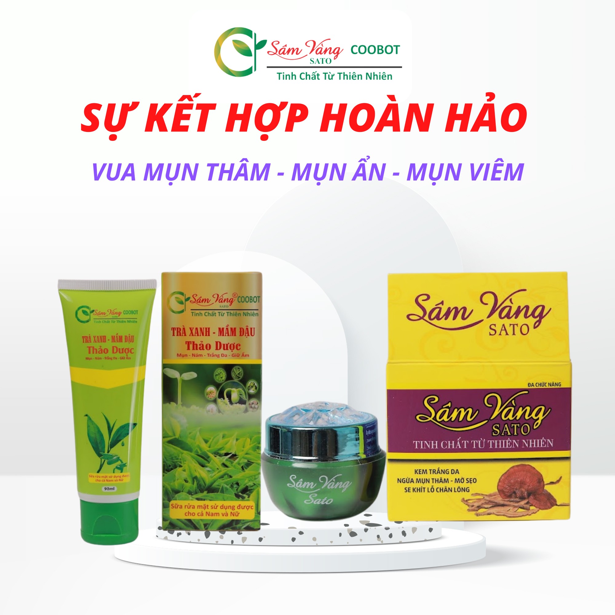 SÂM VÀNG SATO THẢO DƯỢC Combo Trị Mụn Se Khít Lỗ Chân Lông - Ngừa Mụn Thâm Mờ Thẹo - Trắng Da